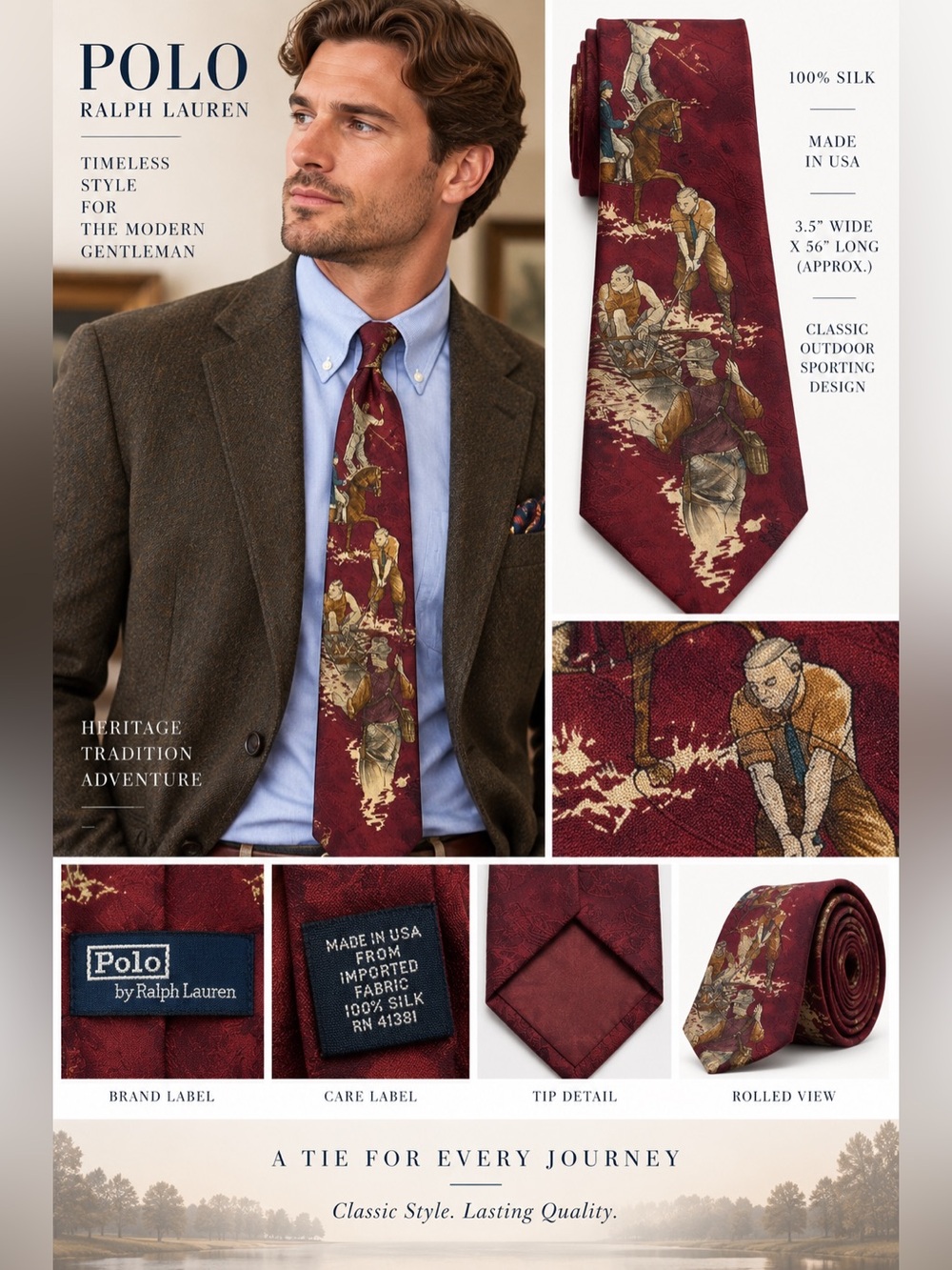 Polo Ralph Lauren Silk Tie Outdoor Sporting Equestrian Fishing Burgundy 56" USA